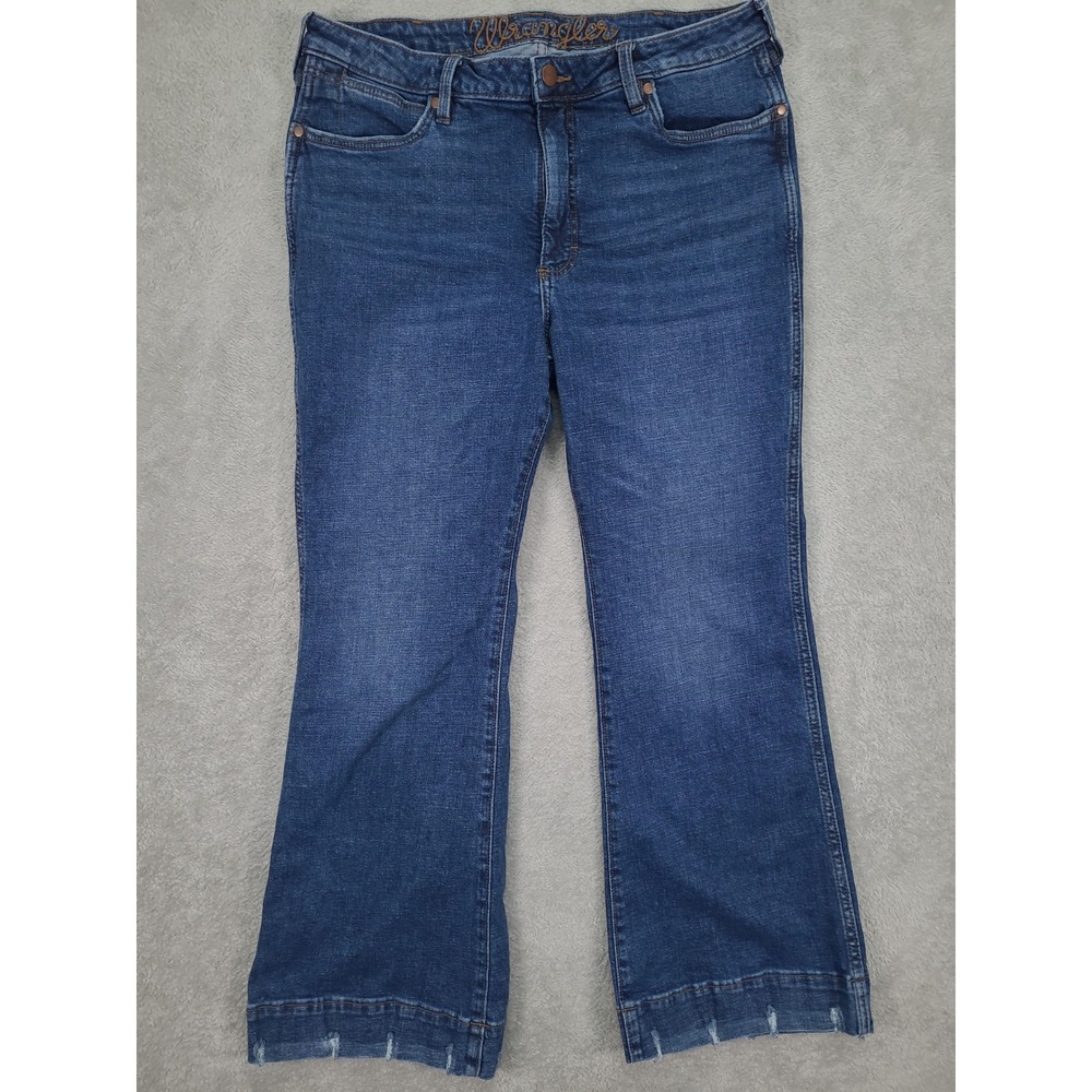 Wrangler Women Blue High Rise Flare Jeans Hemp Blend Distressed Hem 33x30